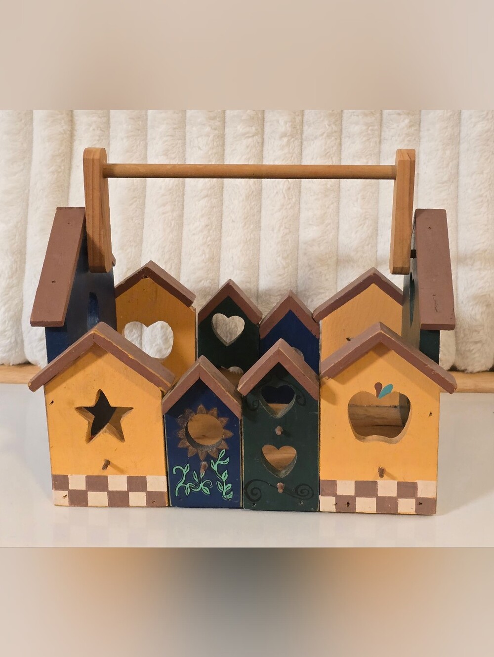 Vintage Wooden Birdhouse Tote Caddy Basket Hand Painted Country Folk Art Decor